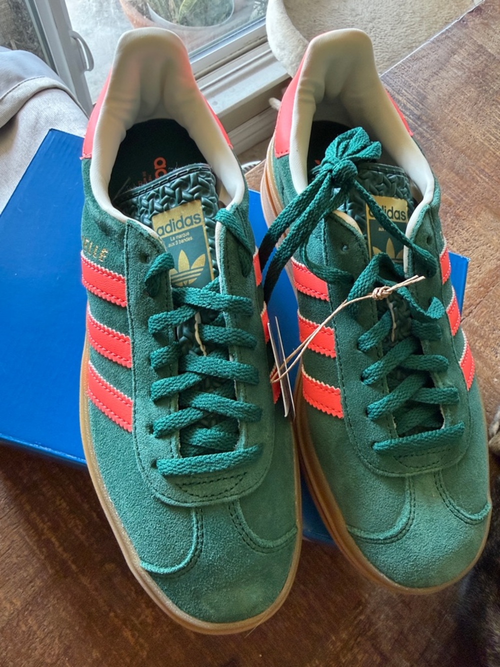 adidas Gazelle Bold Platform Sneakers - Green with coral Stripes and Gum Sole